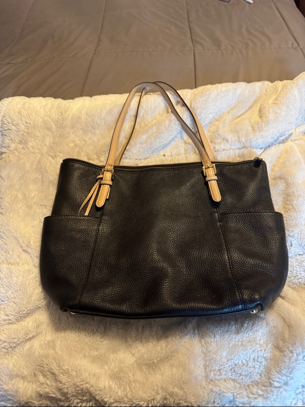 Black Leather Tote Bag with Tan Handles. Please note wear on all 4 handles .